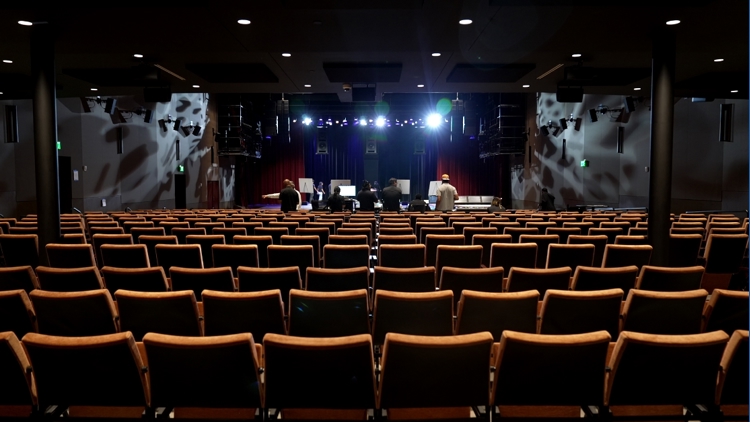 Historic Forest Theater illuminated at dusk for grand reopening